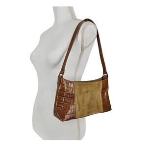 OROTON VINTAGE BROWN LEATHER & SUEDE SHOULDER PURSE – CROC EMBOSSED TRIM